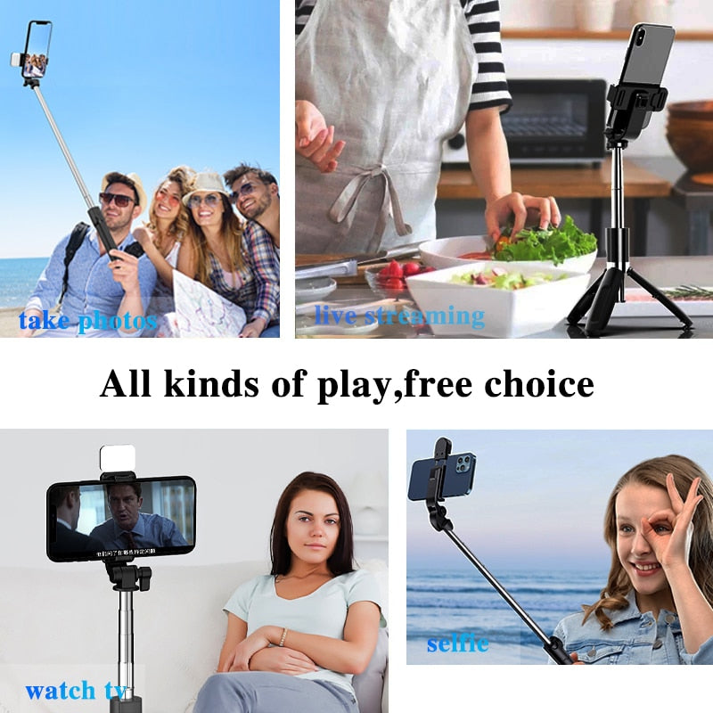 Palo de Selfie inalámbrico con Bluetooth, Mini trípode plegable Compatible con teléfono con luz de relleno, Control remoto del obturador para IOS y Android