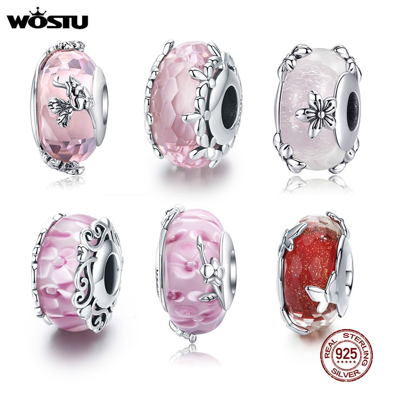WOSTU Plata de Ley 925 auténtica cuentas de cristal rosa de Murano, dijes redondos aptos para Pulsera Original, colgante, fabricación de joyería de lujo