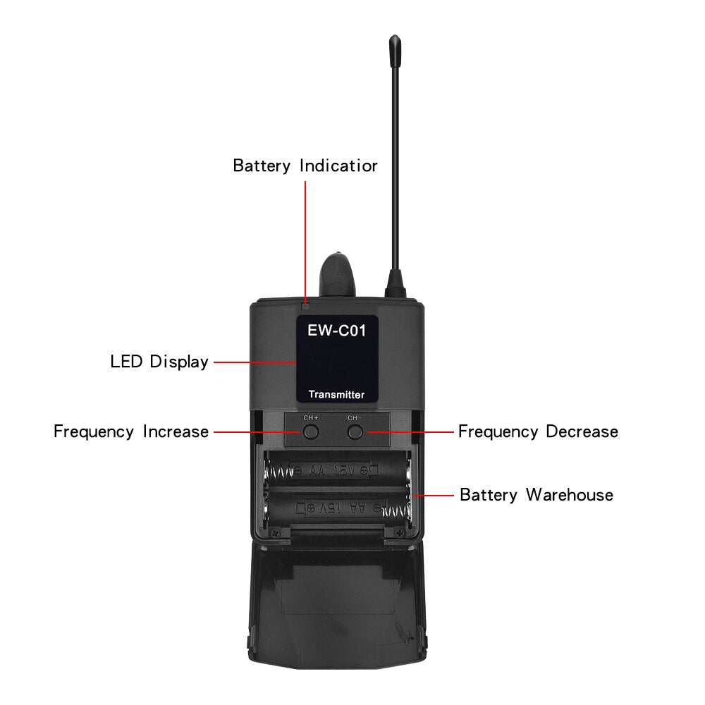EYK EW-C01 Sistema de micrófono Lavalier inalámbrico UHF de 30 canales con micrófono de solapa de estilo portátil entrevista para videocámara SLR