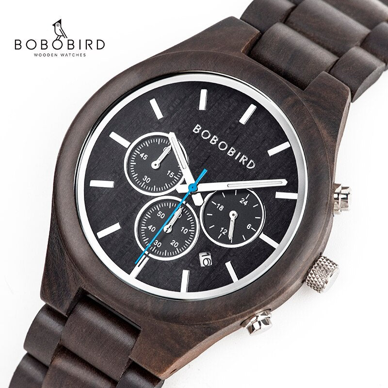 BOBO BIRD-relojes de madera para hombre, cronógrafo de ébano para hombre, reloj de pulsera con calendario, etiqueta privada personalizada en caja de regalo, envío directo