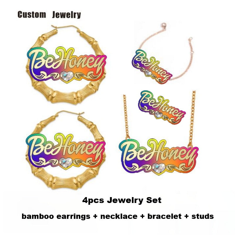 BeHoney moda personalidad Simple acrílico nombre personalizado pendientes de bambú dibujos animados arco iris nombre collar joyería regalo de Navidad C4