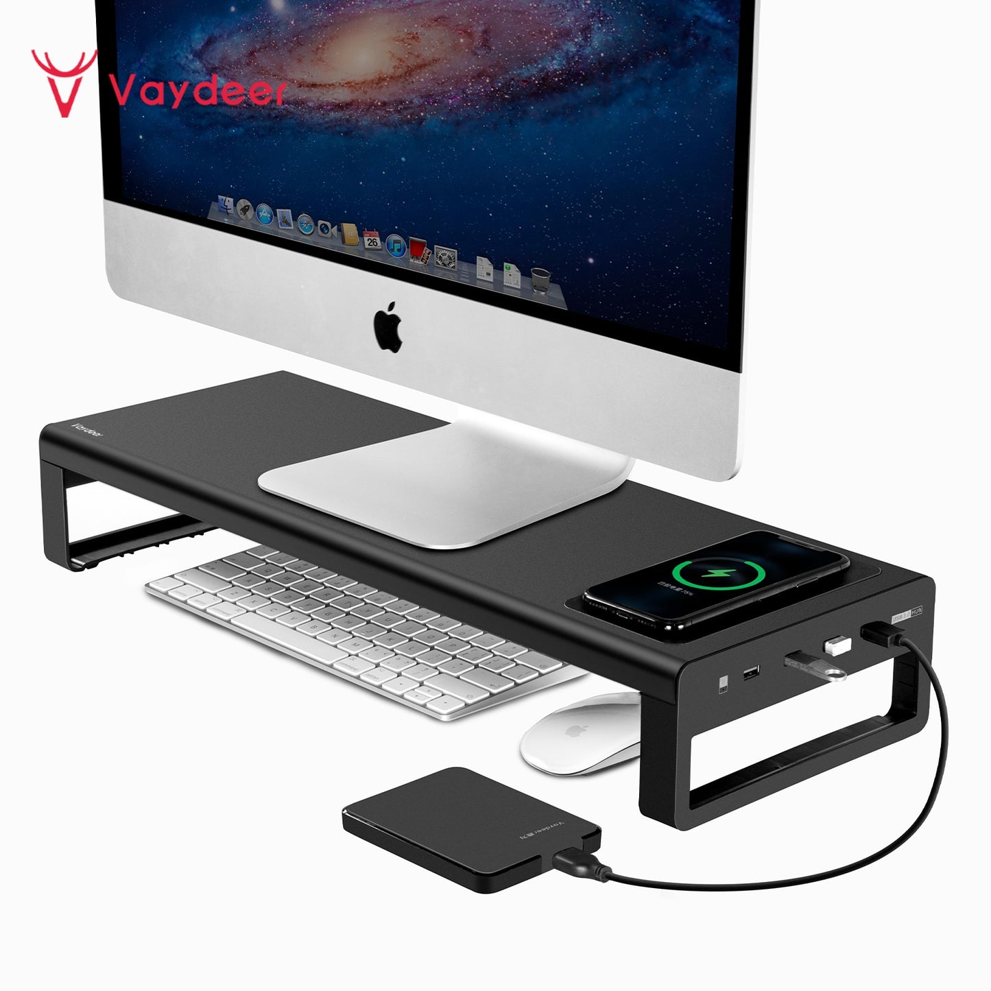 Soporte elevador de Monitor de aluminio con carga inalámbrica USB3.0, soporte para transferencia de datos y carga, escritorio de almacenamiento para teclado y ratón