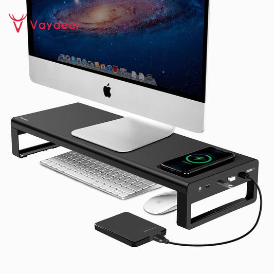 Soporte elevador de Monitor de aluminio con carga inalámbrica USB3.0, soporte para transferencia de datos y carga, escritorio de almacenamiento para teclado y ratón