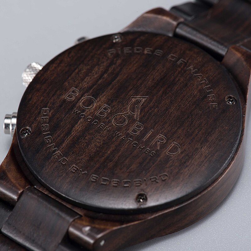 BOBO BIRD-relojes de madera para hombre, cronógrafo de ébano para hombre, reloj de pulsera con calendario, etiqueta privada personalizada en caja de regalo, envío directo