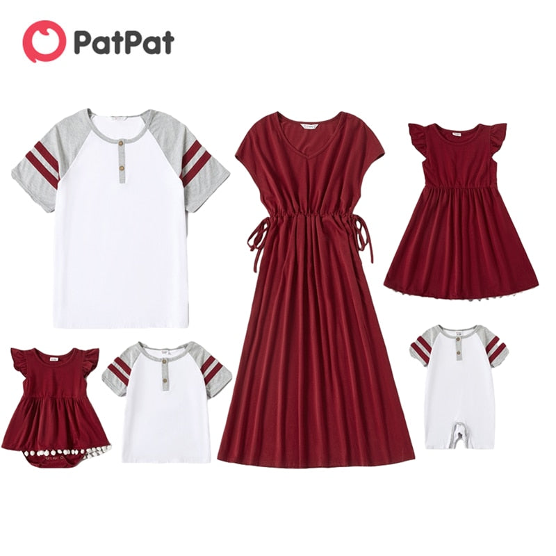 PatPat, recién llegado, conjuntos de series rojas y blancas a juego con mosaicos familiares (vestidos con cuello en V, camisetas, mamelucos)