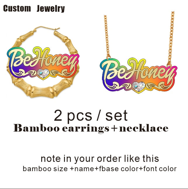 BeHoney moda personalidad Simple acrílico nombre personalizado pendientes de bambú dibujos animados arco iris nombre collar joyería regalo de Navidad C4