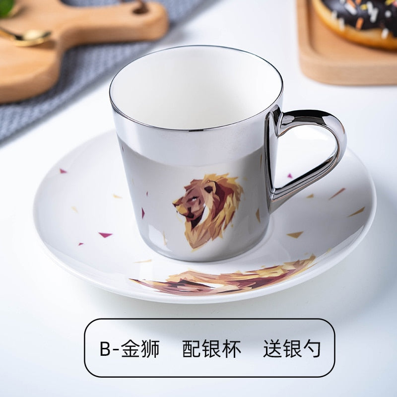 Ins Mirror Reflection Cup Coffee mug Picasso Ceramic Coffee Cup and Saucer Set lion Funny Mugs for Friend Birthday Best Gift