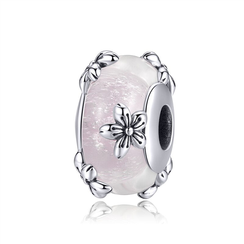WOSTU Plata de Ley 925 auténtica cuentas de cristal rosa de Murano, dijes redondos aptos para Pulsera Original, colgante, fabricación de joyería de lujo