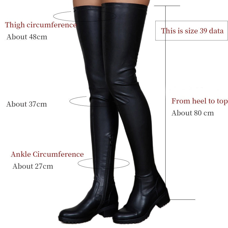 Zapatos de mujer, botas altas hasta el muslo negras, nuevos zapatos cómodos de tacón bajo de cuero Pu para otoño, botas impermeables por encima de la rodilla, zapatos de mujer
