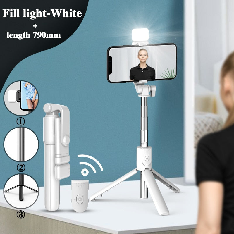 Palo de Selfie inalámbrico con Bluetooth, Mini trípode plegable Compatible con teléfono con luz de relleno, Control remoto del obturador para IOS y Android