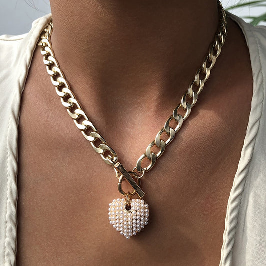 KMVEXO-collar con colgante de corazón de amor y perla de imitación Punk para mujer, cierre de palanca grueso, joyería para fiesta, collares, regalo de Navidad