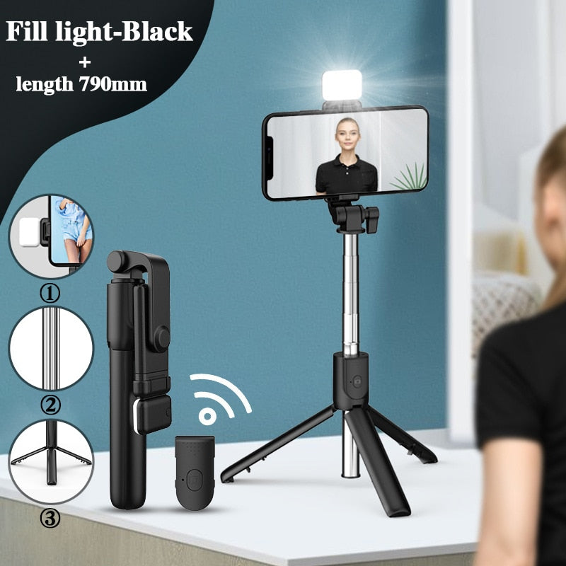 Palo de Selfie inalámbrico con Bluetooth, Mini trípode plegable Compatible con teléfono con luz de relleno, Control remoto del obturador para IOS y Android