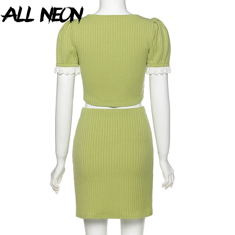ALLNeon E-girl lindo cuello cuadrado acanalado manga abombada con Tops cortos de encaje y minifalda conjuntos de 2 piezas Y2K conjuntos a juego de moda
