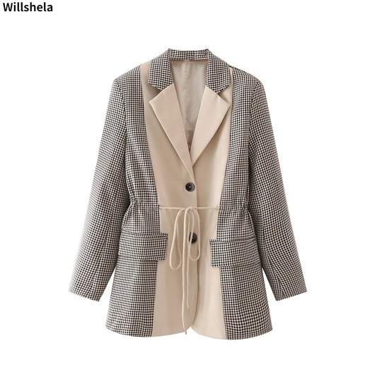 Willshela, moda para mujer, con bolsillos, chaqueta de retazos con una hilera de botones, cuello entallado, manga larga, abrigos Vintage para mujer, Tops elegantes