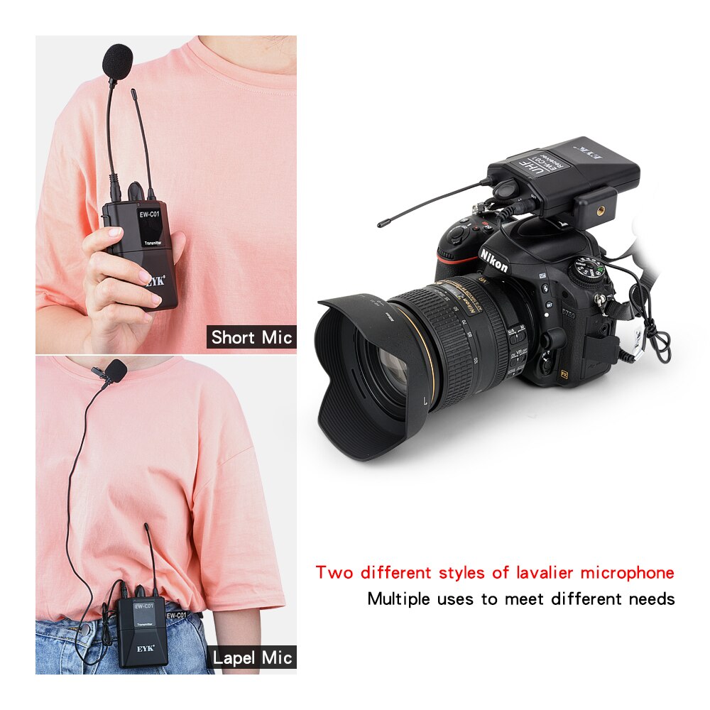 EYK EW-C01 Sistema de micrófono Lavalier inalámbrico UHF de 30 canales con micrófono de solapa de estilo portátil entrevista para videocámara SLR