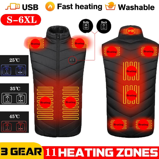 Chaleco calefactable de 9/11 lugares para hombres y mujeres, chaqueta calefactora por USB, ropa térmica, chaleco de caza, chaqueta calefactora de invierno, BlackS-6XL