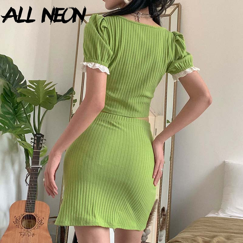 ALLNeon E-girl lindo cuello cuadrado acanalado manga abombada con Tops cortos de encaje y minifalda conjuntos de 2 piezas Y2K conjuntos a juego de moda