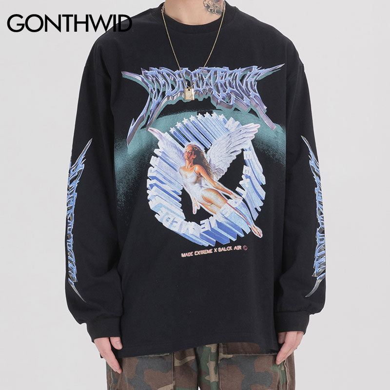 GONTHWID, camisetas creativas de manga larga con estampado de Ángel en 3D, ropa de calle Hip Hop Hipster, camisetas holgadas informales, camisetas de moda para hombres