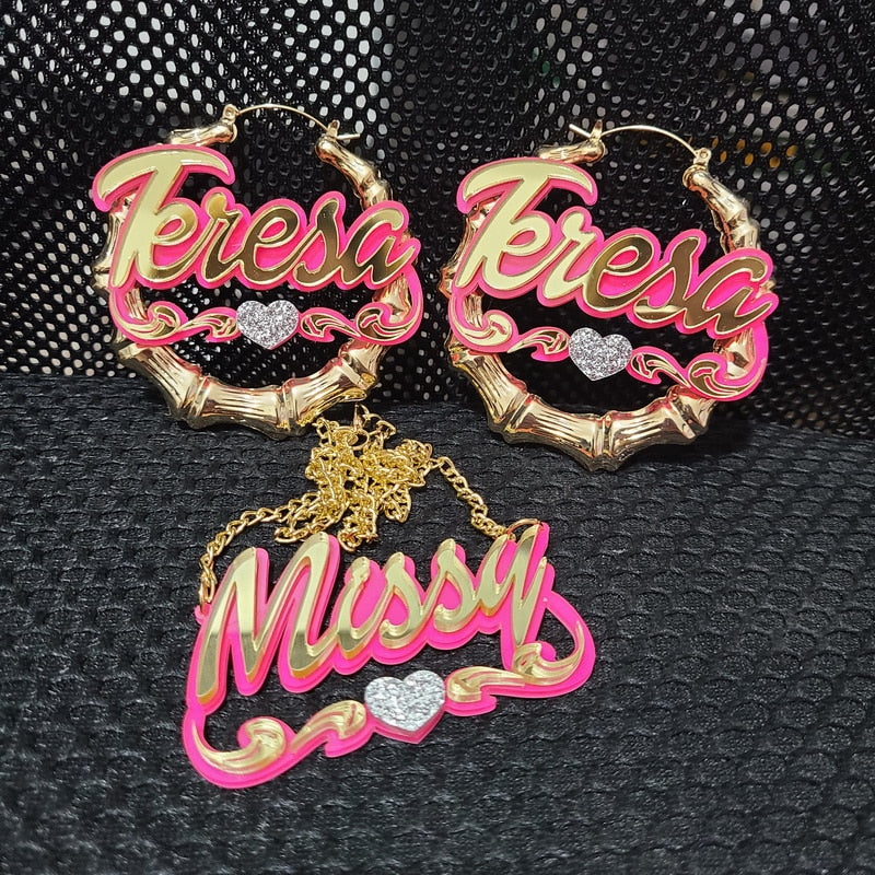 BeHoney moda personalidad Simple acrílico nombre personalizado pendientes de bambú dibujos animados arco iris nombre collar joyería regalo de Navidad C4