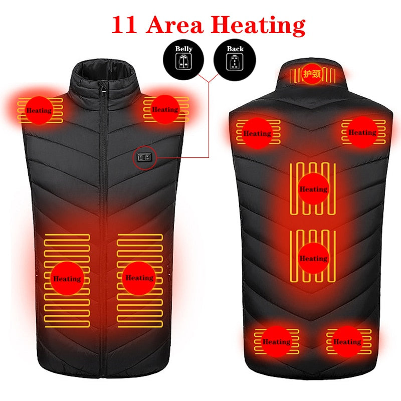 Chaleco calefactable de 9/11 lugares para hombres y mujeres, chaqueta calefactora por USB, ropa térmica, chaleco de caza, chaqueta calefactora de invierno, BlackS-6XL