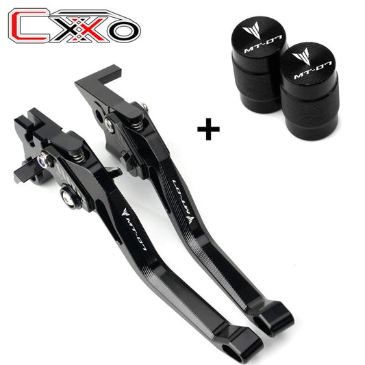 Logotipo de MT 07 para YAMAHA MT07 FZ07 mt-07 2019 2020 2021, palancas de embrague de freno cortas para motocicleta y tapones de aire para válvula de neumático de coche