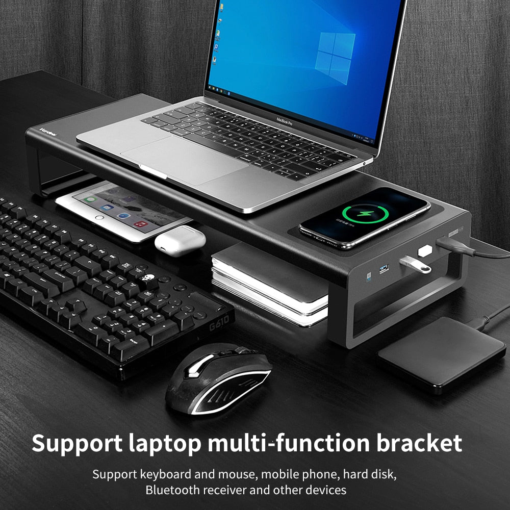 Soporte elevador de Monitor de aluminio con carga inalámbrica USB3.0, soporte para transferencia de datos y carga, escritorio de almacenamiento para teclado y ratón