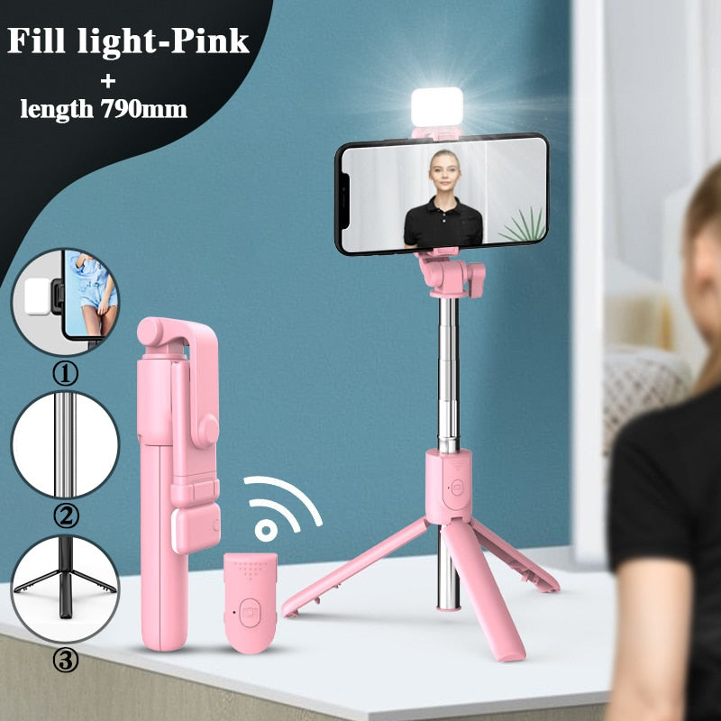 Palo de Selfie inalámbrico con Bluetooth, Mini trípode plegable Compatible con teléfono con luz de relleno, Control remoto del obturador para IOS y Android