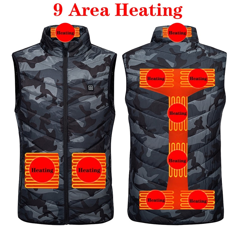 Chaleco calefactable de 9/11 lugares para hombres y mujeres, chaqueta calefactora por USB, ropa térmica, chaleco de caza, chaqueta calefactora de invierno, BlackS-6XL