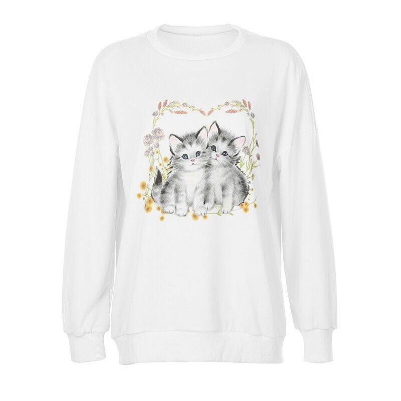 HEYounGIRL Cat Print Cute White Oversized Sweatshirt Autumn Cute Long Sleeve Sweat Shirt Casual Loose Pullover Ladies Streetwear