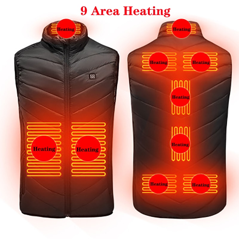 Chaleco calefactable de 9/11 lugares para hombres y mujeres, chaqueta calefactora por USB, ropa térmica, chaleco de caza, chaqueta calefactora de invierno, BlackS-6XL