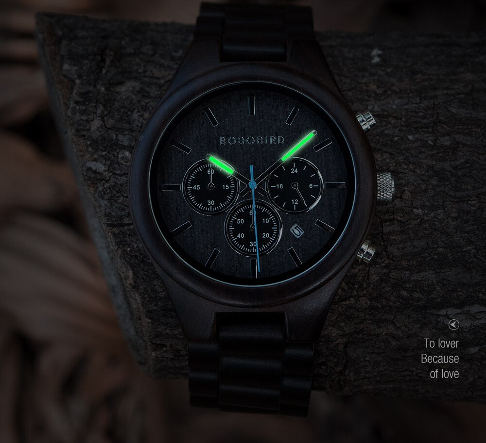 BOBO BIRD-relojes de madera para hombre, cronógrafo de ébano para hombre, reloj de pulsera con calendario, etiqueta privada personalizada en caja de regalo, envío directo