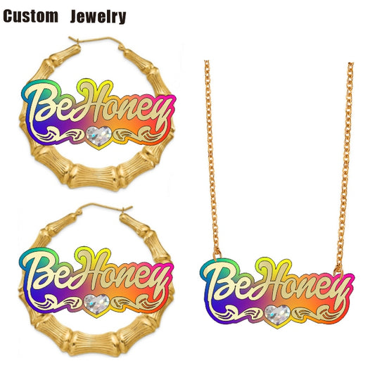BeHoney moda personalidad Simple acrílico nombre personalizado pendientes de bambú dibujos animados arco iris nombre collar joyería regalo de Navidad C4