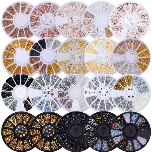 Diamantes de imitación para uñas, tachuelas de cristal de colores mezclados, oro y plata, cuentas para uñas, decoraciones artísticas 3D para uñas, accesorios para uñas en rueda