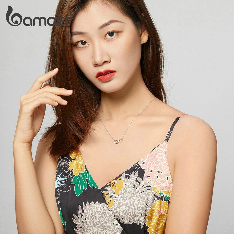 Bamoer-collar corto de Plata de Ley 925 auténtica con flor rosa, amor infinito, Gargantilla, cadena, bisutería de lujo SCN371