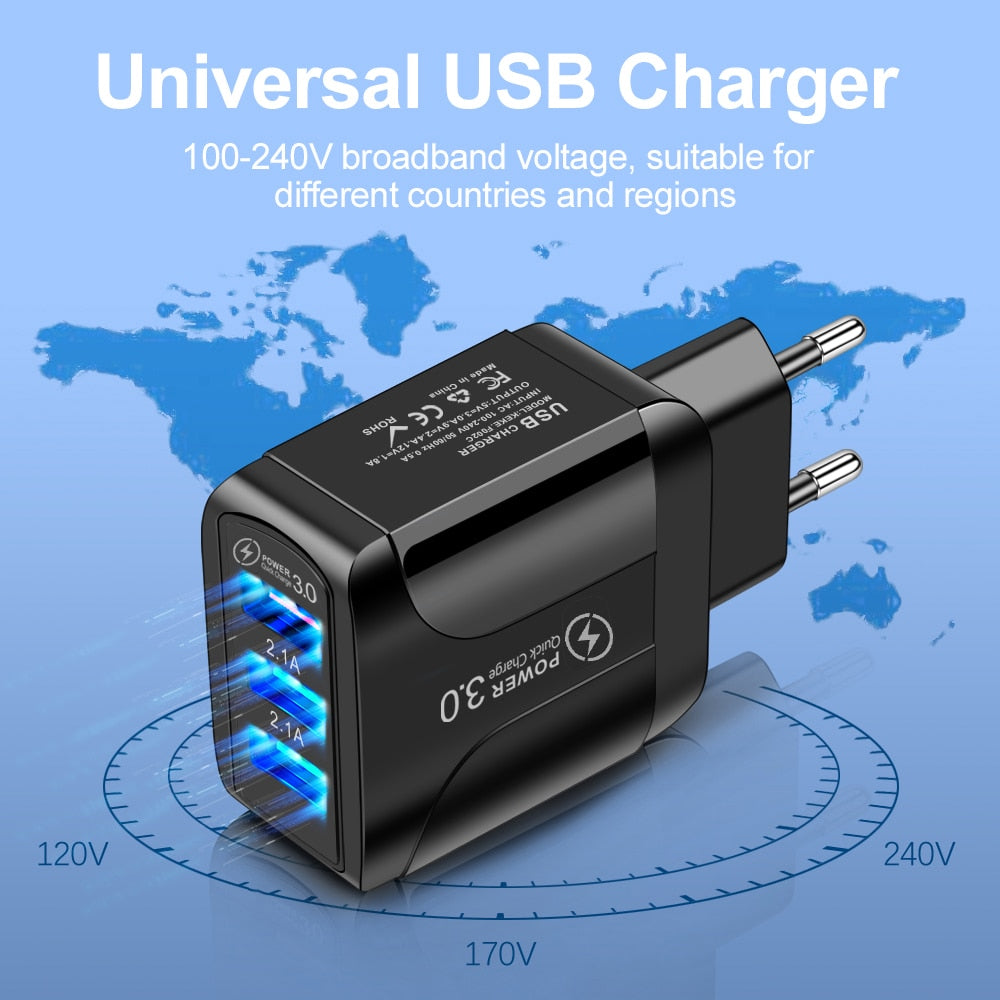 Quick Charge 3.0 USB Charger Adapter for iPhone 11 Pro Max Xiaomi EU Plug 3 Ports USB QC3.0 Fast Charging Mobile Phone Charger