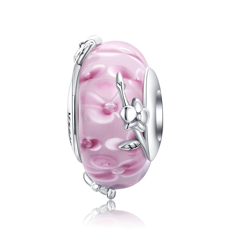 WOSTU Plata de Ley 925 auténtica cuentas de cristal rosa de Murano, dijes redondos aptos para Pulsera Original, colgante, fabricación de joyería de lujo