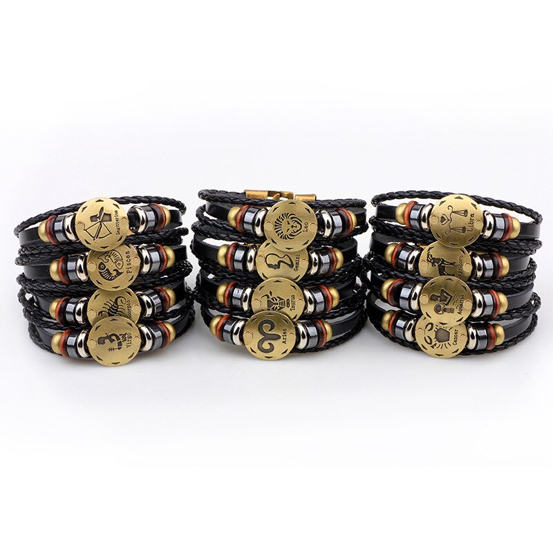 MNWT, hebillas de aleación de bronce a la moda, pulsera de signos del zodiaco para hombres, joyería informal con encanto para amantes, pulseras Punk de cuero