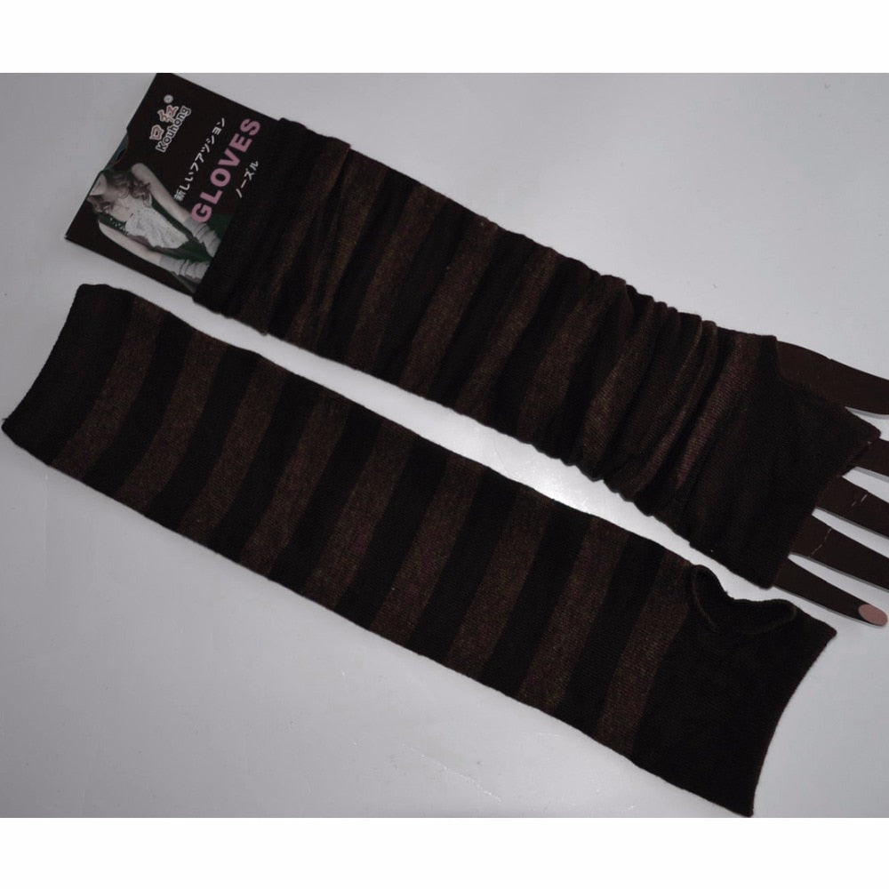 Naiveroo moda mujer señora rayas codo guantes más cálidos tejidos guantes largos sin dedos codo mitones accesorios de Navidad regalo