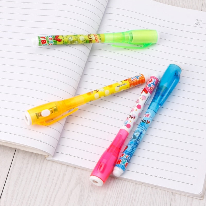 Bolígrafo de tinta Invisible con marcador mágico ligero, bolígrafo para niños para mensaje secreto, suministros de papelería escolar creativos, 4 Uds.