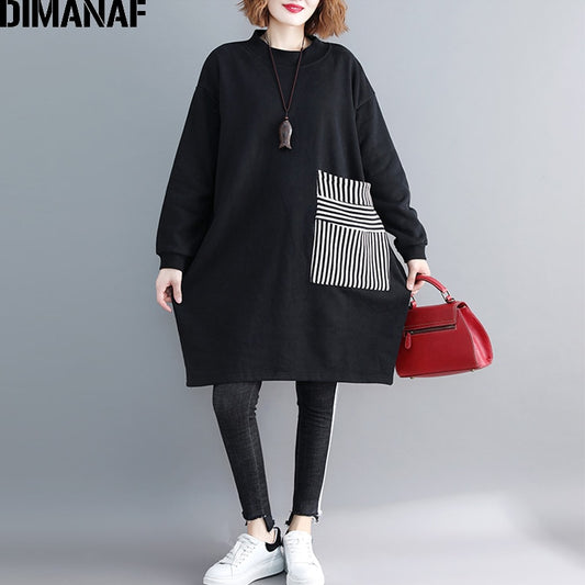 DIMANAF-sudaderas con capucha de gran tamaño para mujer, ropa gruesa para mujer, Jersey Vintage negro, Top de retales holgado, Otoño e Invierno 2021