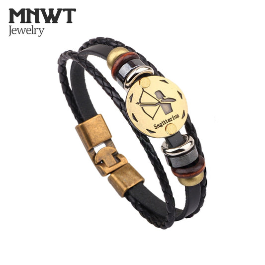 MNWT, hebillas de aleación de bronce a la moda, pulsera de signos del zodiaco para hombres, joyería informal con encanto para amantes, pulseras Punk de cuero