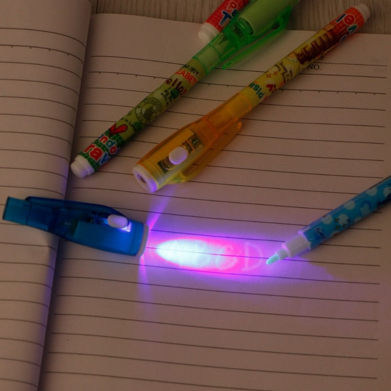 Bolígrafo de tinta Invisible con marcador mágico ligero, bolígrafo para niños para mensaje secreto, suministros de papelería escolar creativos, 4 Uds.