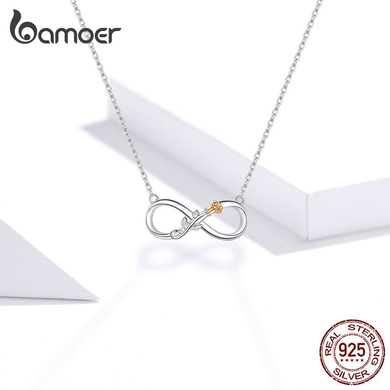 Bamoer-collar corto de Plata de Ley 925 auténtica con flor rosa, amor infinito, Gargantilla, cadena, bisutería de lujo SCN371
