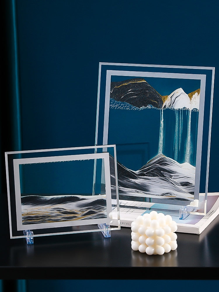 Imagen artística de arena móvil de 7/12 pulgadas, vidrio redondo, paisaje de arena de mar profundo 3D, pantalla en movimiento, marco de arena que fluye, pintura de arena