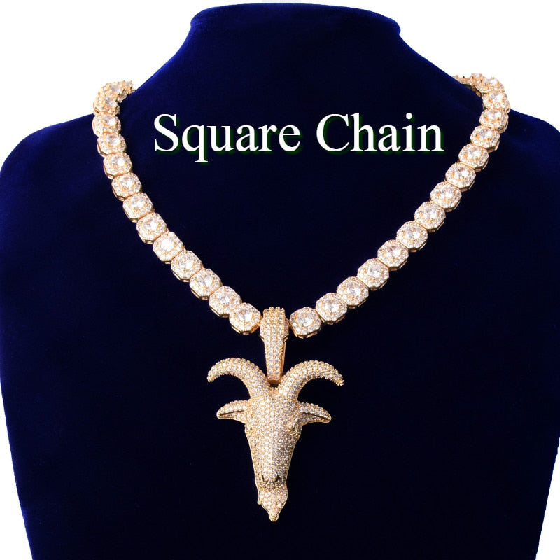 Gold Color Sheep Head Pendant Men Zircon Hip Hop Necklace Rock Jewelry
