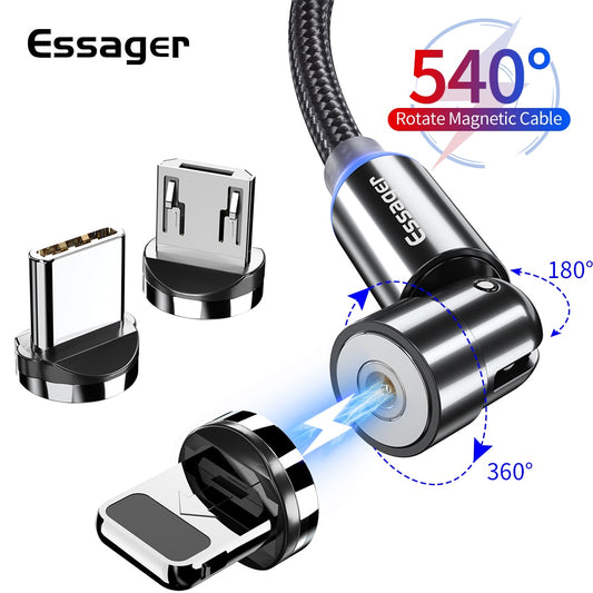 Essager-Cable magnético giratorio 540, Cable Micro USB tipo C, cargador magnético de carga rápida, Cable de teléfono para iPhone y Android
