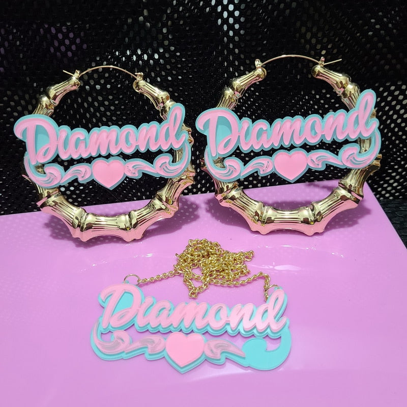 BeHoney moda personalidad Simple acrílico nombre personalizado pendientes de bambú dibujos animados arco iris nombre collar joyería regalo de Navidad C4