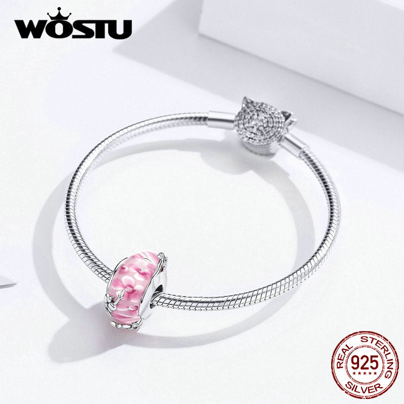 WOSTU Plata de Ley 925 auténtica cuentas de cristal rosa de Murano, dijes redondos aptos para Pulsera Original, colgante, fabricación de joyería de lujo