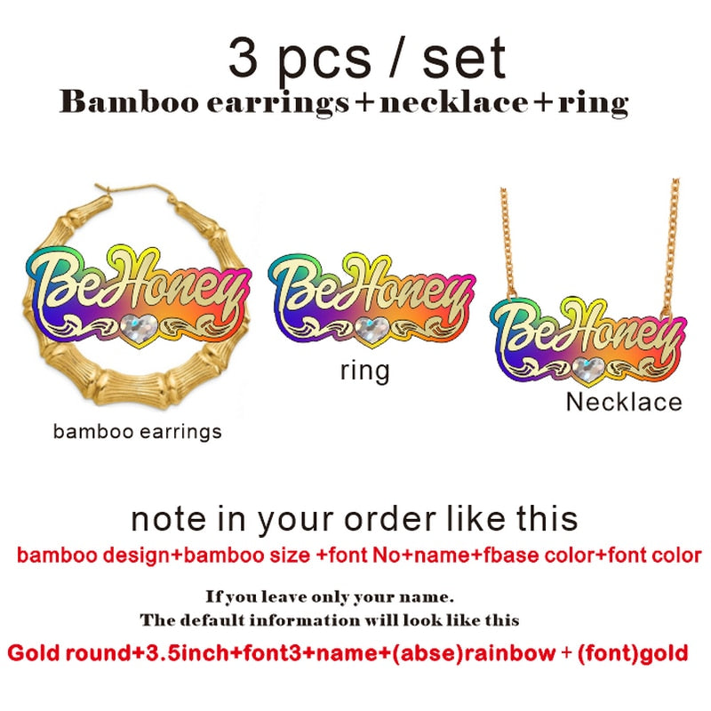 BeHoney moda personalidad Simple acrílico nombre personalizado pendientes de bambú dibujos animados arco iris nombre collar joyería regalo de Navidad C4