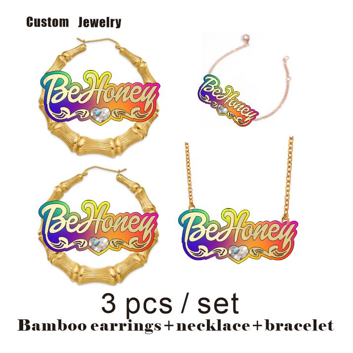 BeHoney moda personalidad Simple acrílico nombre personalizado pendientes de bambú dibujos animados arco iris nombre collar joyería regalo de Navidad C4